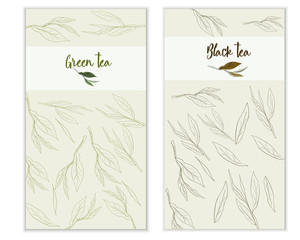 Vertical vector banners with hand drawn black and green tea leaves on white background. Package design.