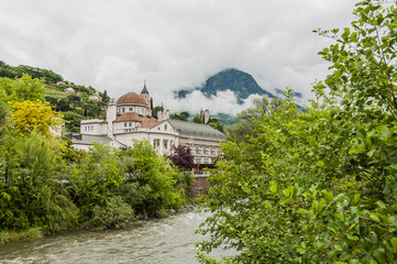 Meran, Stadt, Altstadt, Passer, Fluss, Kurhaus, Altstadthäuser, Promenade, Spazierweg, Etschtal, Vinschgau, Südtirol, Frühling, Italien