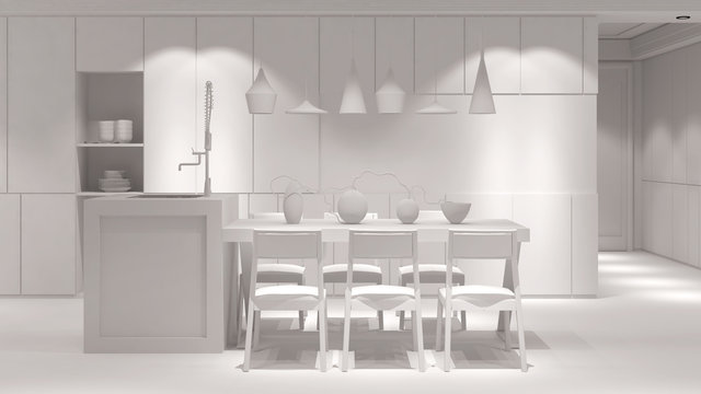 Wohnküche mit Tisch in weiß