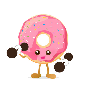 Donut cartoon holding dumbbell with happiness isolated on white background vector eps10