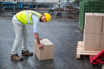 Fototapeta na wymiar Portrait of factory worker picking up cardboard boxes