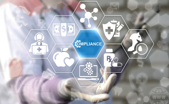 Healthcare Compliance. Medicine observation service concept. Doctor offers icon compliance gear on virtual screen. Medical governance modernization healthy strategy technology