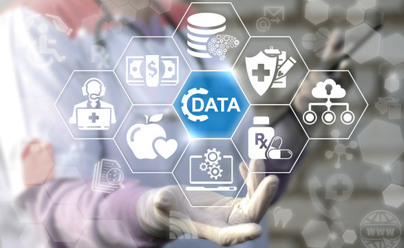 Big Data Healthcare concept. Doctor or nurse offer data cogwheel icon on virtual screen. Information technology computing medicine integration. Medical database, cloud server, web technology.
