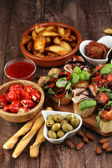 Italian antipasti wine snacks set. Cheese variety, Mediterranean