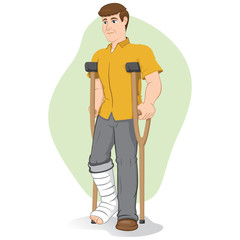 Fototapeta premium Illustration of an caucasian person, of crutches with injured leg, bandaged or plastered. Ideal for medical and institutional materials