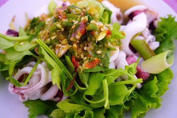 Thai food. Spicy yum squid salads.