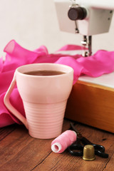 Retro sewing machine and a cup of tea