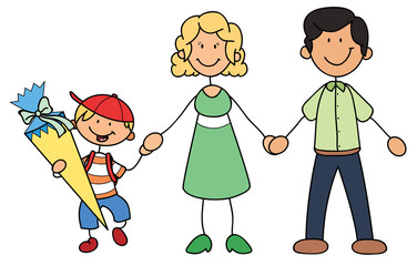 Naklejka premium Junge mit seinen Eltern bei der Einschulung Vektor Illustration