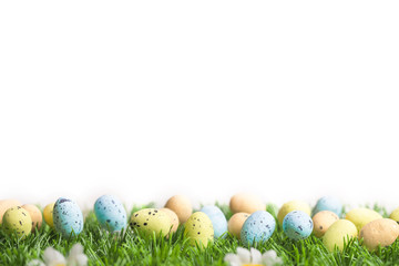 Bunch of easter eggs in pastel colors on grass