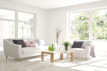 White room with sofa and green landscape in window. Scandinavian interior design. 3D illustration