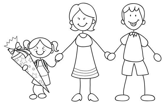 Mädchen mit ihren Eltern bei der Einschulung Vektor Illustration