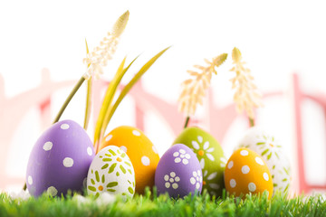 Row of Easter eggs on grass
