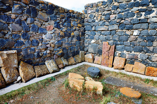 Khachkar of Surb Araqeloc and Astvatsatsin old Sevanavank church monastery, Sevan, Armenia