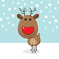 Red Nosed Reindeer on Snowing background