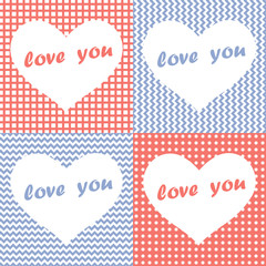 Set of four illustrations  Valentines Day. Hearts on the background  geometric shapes.