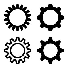 Gearwheel icon set. Flat black symbol collection. Pictograms are isolated on a white.