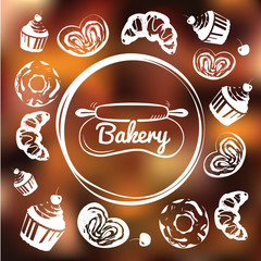 Bakery cafe identity concept. Chalkboard sweets as frame on blurred background.