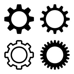 Cogwheel icon set. Flat black symbol collection. Pictograms are isolated on a white.