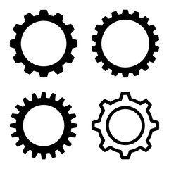 Gearwheel icon set. Flat black symbol collection. Pictograms are isolated on a white.