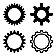 Cog icon set. Flat black symbol collection. Pictograms are isolated on a white.