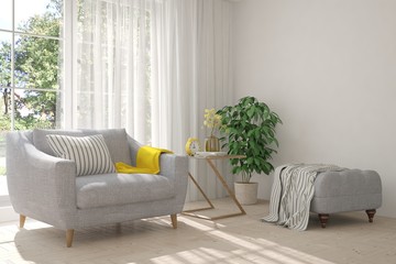 White room with armchair and green landscape in window. Scandinavian interior design. 3D illustration