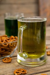 St Patricks Day two mugs of beer with pretzel