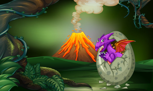 Purple dragon hatching egg in deep forest