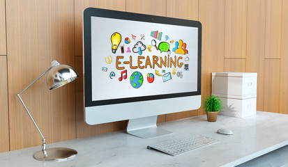 Modern computer with e-learning presentation 3D rendering