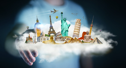 Businessman touching a cloud full of famous monuments with his finger 3D rendering