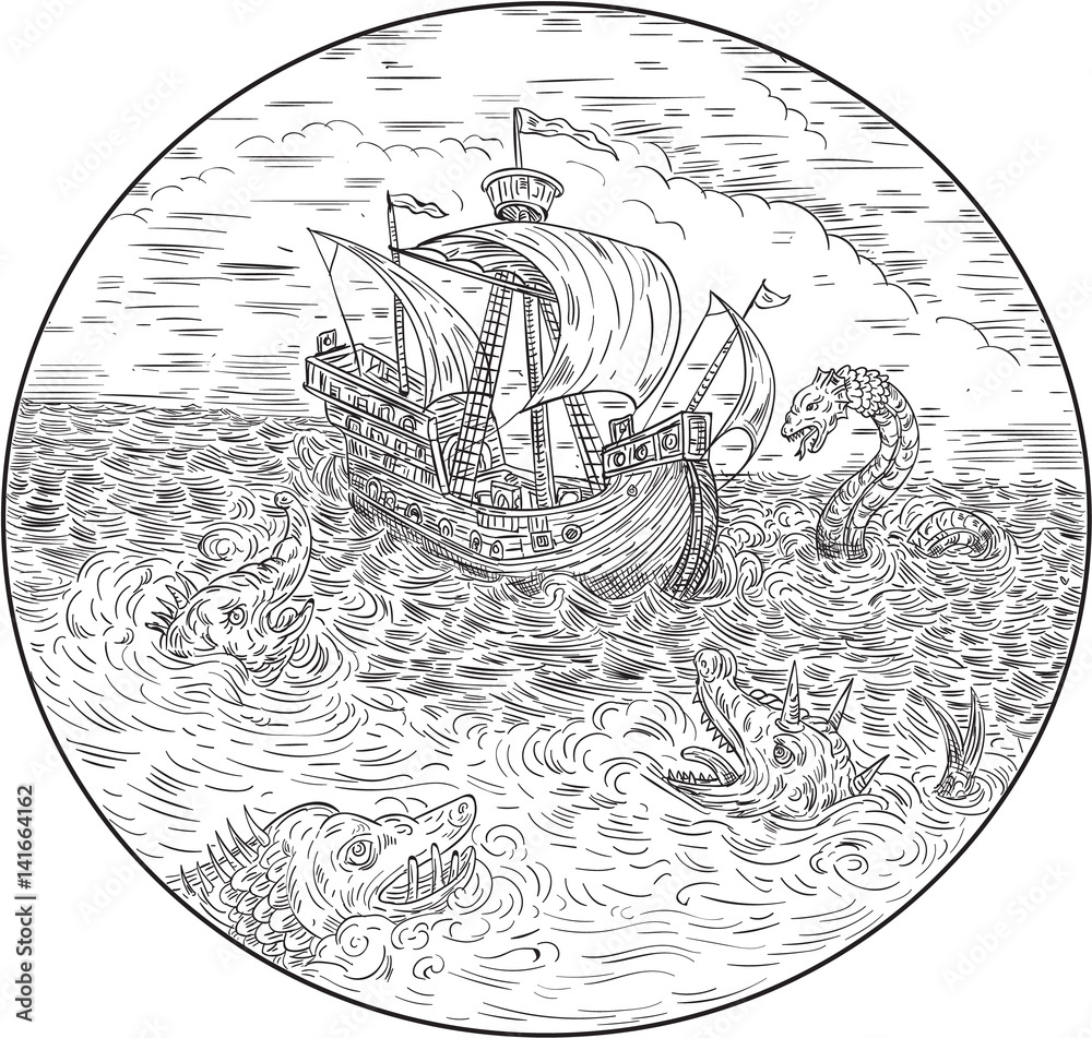 Poster Tall Ship Turbulent Sea Serpents Black and White Drawing