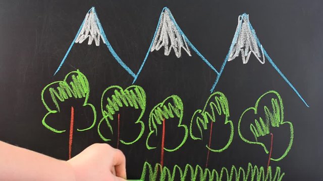 Mountain landscape.	We draw chalk on a board.