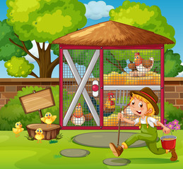 Farmer feeding chickens in the coop