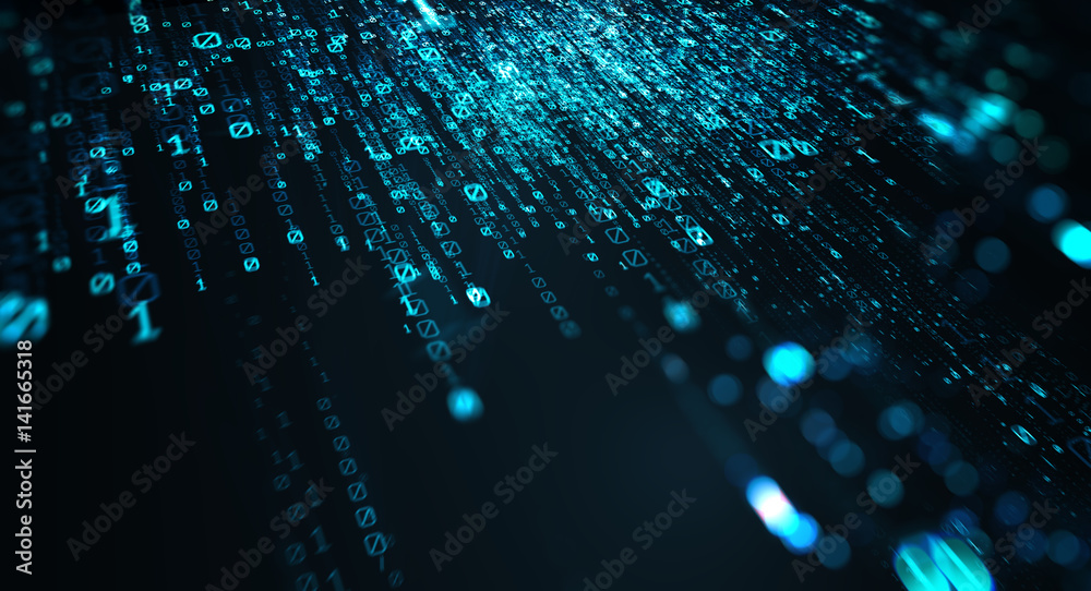 Poster Technological background/Technological background bytes of binary code flying through a vortex. Binary code background, can be used as digital dynamic wallpaper. 3d illustration