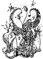 Vector hand drawn ornate floral pattern in zentangle style. Black and white graphic doodle flower with abstract forms