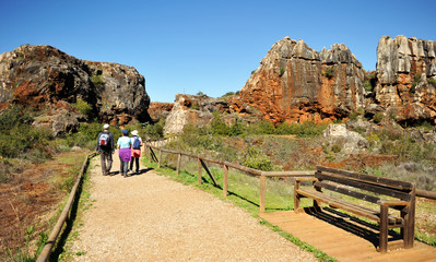 Hikers at the Cerro del Hierro, Sierra Norte Natural Park, Seville, Spain