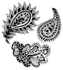 Set of handdrawn abstract henna paisley vector illustration doodle design elements. Indian mehendi art