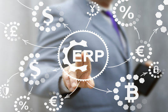 ERP Financial concept. Finance service enterprise resource planning. Businessman touched erp gear icon on virtual screen. Money plan and strategy information technology