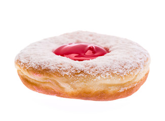 Fresh donut with strawberry jam isolated on white background