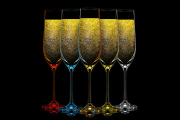 Silhouette of color champagne glass on black background