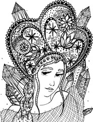 Vector illustration winter woman in zentangle and ethnic style. Black and white lines.