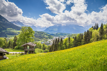 Idyllic mountain scenery with traditional mountain chalet in the Alps in springtime
