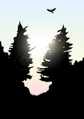 Vector mountains and forest landscape early on the sunset.