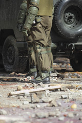 Two chilean riot police during a student strike in Santiago's Downtown, Chile.