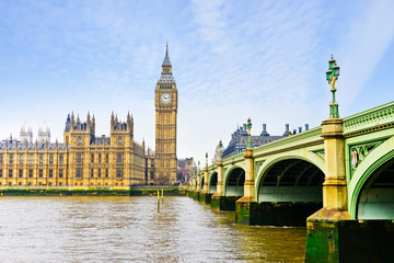 View of the Houses of Parliament and Westminster Bridge in London.