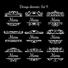 Swirl menu text labels. Vector flourish vintage decoration calligraphic design elements for restaurants