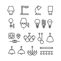 Lamp, bulbs, chandelier and electrical devices thin line vector icons set