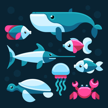 Ocean, salt sea fishes vector set