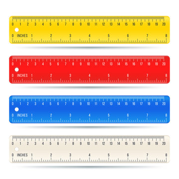 Color school measuring rulers in centimeters and inches vector set