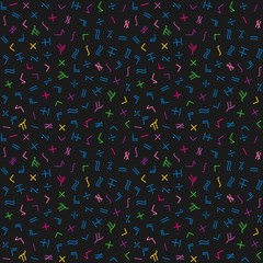 Mathematics geometric seamless pattern in Memphis style. Abstract background from minus, plus, equal, not equal, division, multiplication. Cheerful background for the programmer