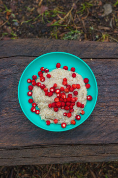 Healthy oatmeal porridge with wild strawberries for breakfast outside